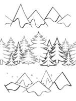 winter graphic line seamless border set background, forest, trees, snowy mountain peaks vector