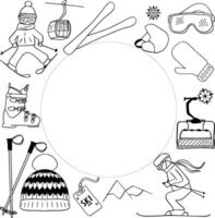 Winter sports background with ski equipment elements in circle with space for text. Winter activities frame with snowboarding, skiing equipment and other icons in graphic line art design. vector