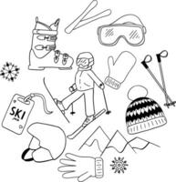 Skier illustration graphic line drawn style. Circle round composition Happy skier on mountains vector