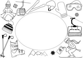 Winter sports background with graphic line ski equipment elements in oval with space for text. Winter activities frame card with skiing equipment and other icons in line art design. vector