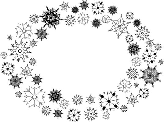 Graphic line oval frame with snowflakes isolated on white transparent background. Powder with detailed particles. Circle of snow crystals.