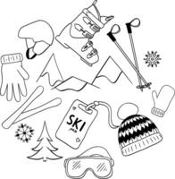 graphic line equipment for skiing ski boots, skis and ski poles, circle round composition isolated on white background. Snowboard, skates and skis, leisure, activities vector