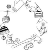 Graphic line hand drawn set of Winter Sports objects, symbols and items. Round circle frame template composition vector