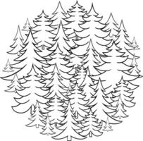 Round pine tree forest Composition. Circle round template in graphic line style, illustration vector