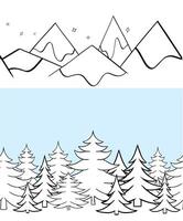 Pine tree and snowy peaks of mountains seamless border template concept. winter landscape. graphic line nature. forest and mountains. illustration with winter. wrapping paper vector