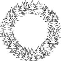 Pine tree circle round frame template in graphic line style. Nature vintage card, foliage illustration vector