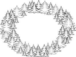 Graphic line pine tree background design. Oval frame greeting template with pine tree on transparent background. vector