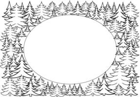 Graphic line pine tree forest oval frame. Isolated on white transparent background illustration vector