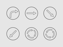 The image displays six different arrow icons placed within thin black circles against a light gray background vector