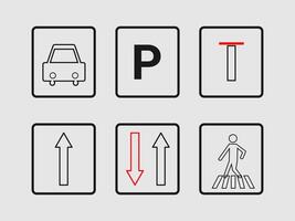 The image displays six rectangular traffic signs with thin black borders and a light gray background. The signs represent various traffic information and regulations vector