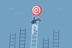 Businessman climb the stairs holding arrow towards target, Ladder to success, Inspiration and ambition to achieve success, Different creative idea concepts, Flat design illustration. vector
