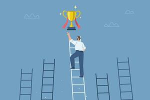 Businessman chooses to climb a high ladder and reach out to grab a trophy, Ladder to success, Inspiration and ambition to achieve success, Different creative idea concepts, Flat illustration. vector
