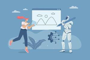 Women and robots collaborate to create modern art, Humans and AI draw together, Promoting new ideas and developing new innovations, Using AI to generate create art, Flat illustration of design. vector