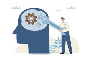 Businessman holding wrench adjusting gears on a man's head, Change mindset or attitude, Positive attitude or learning to improve in achieving goals, Psychology or human brain training, design vector