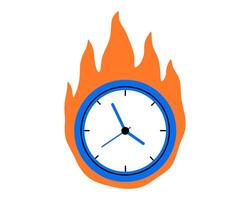 Hand drawn cute illustration of wall clock on fire. Flat time measurement device with dial doodle. Time passing quickly sticker, icon. Deadline, limited in time, countdown. Isolated. vector