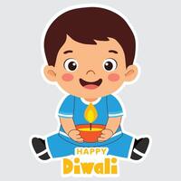 Sticker Style Happy Diwali Text with Cute Indian Boy Character Holding Lit Oil Lamp Diya in Sitting Pose on Grey Background. vector