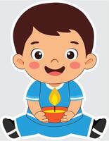 Cheerful Indian Boy Character Holding Illuminated Diwali Diya Element in Sticker Style. vector