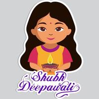 Sticker Style Shubh Deepawali Text with Indian Girl Character Holding Illuminated Oil Lamp Diya on Grey Background. vector