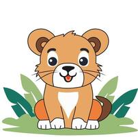 Cute Cartoon Lion Cub Character Sitting on Nature Background. vector
