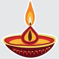 Isolated Illuminated Oil Lamp Diwali Diya Element in Sticker Style. vector