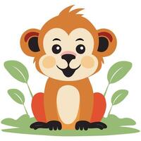 Cute Cartoon Monkey Character Sitting on Nature Background. vector