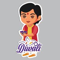 Sticker Style Happy Diwali Text with Indian Boy Character Holding Illuminated Oil Lamp on Grey Background. vector