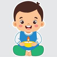 Cheerful Indian Boy Character Holding Illuminated Diwali Diya in Sticker Style on Grey Background. vector