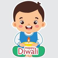 Sticker Style Happy Diwali Text with Cute Indian Character Holding Illuminated Oil Lamp Diya on Grey Background. vector