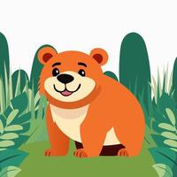 Cute Cartoon Bear Character Sitting on Nature Background. vector