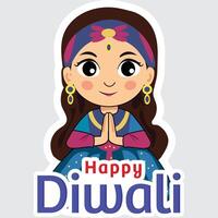 Sticker Style Happy Diwali Text with Indian Girl Character Doing Namaste on Grey Background. vector