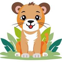 Cute Cartoon Lion Cub Character Sitting on Nature Background. vector