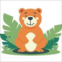 Cute Cartoon Bear Character Sitting on Nature Background. vector