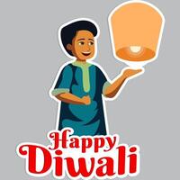 Sticker Style Happy Diwali Text with Young Indian Boy Character Flying Lit Sky Lantern on Grey Background. vector
