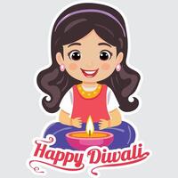 Sticker Style Happy Diwali Text with Indian Girl Character Sitting in Front of Illuminated Oil Lamp Diya on Grey Background. vector
