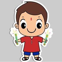 Sticker Style Indian Boy Character Celebrating Diwali with Firecrackers on Grey Background. vector