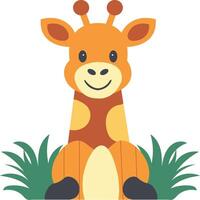 Cute Cartoon Giraffe Character Sitting on Nature Background. vector
