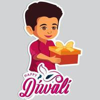 Sticker Style Happy Diwali Text with Indian Boy Character Offering Gift on Grey Background. vector