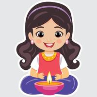 Sticker Style Indian Girl Character with Illuminated Oil Lamp Diwali Diya on Grey Background. vector