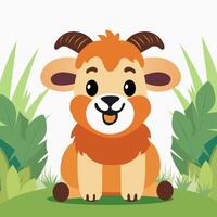 Cute Cartoon Sheep Character Sitting on Nature Background. vector