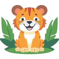 Cute Cartoon Tiger Cub Character Sitting on Nature Background. vector