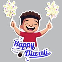 Sticker Style Happy Diwali Text with Cheerful Indian Boy Character Holding Sparkling Sticks on Grey Background. vector