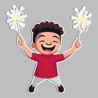 Cheerful Indian Boy Character Celebrating Diwali with Sparkling Sticks in Sticker Style on Grey Background. vector