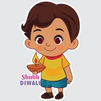 Sticker Style Shubh Diwali Text with Indian Boy Character Holding Illuminated Oil Lamp Diya on Grey Background. vector