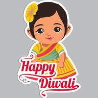 Sticker Style Happy Diwali Text with Indian Girl Character Sitting on Grey Background. vector