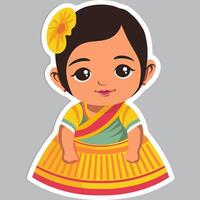 Sticker Style Cute Indian Girl Character in Sitting Pose on Grey Background. vector