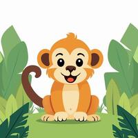 Cute Cartoon Monkey Character Sitting on Nature Background. vector