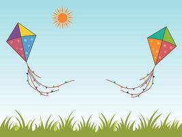 Colorful Kites and Sun on Grass Background for Happy Makar Sankranti Concept. vector
