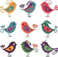 Nine colorful stylized bird silhouettes vector