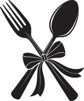 silhouette of a fork and spoon tied together with a ribbon bow vector