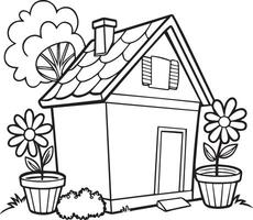Simple line drawing of a house with a garden for coloring purposes vector